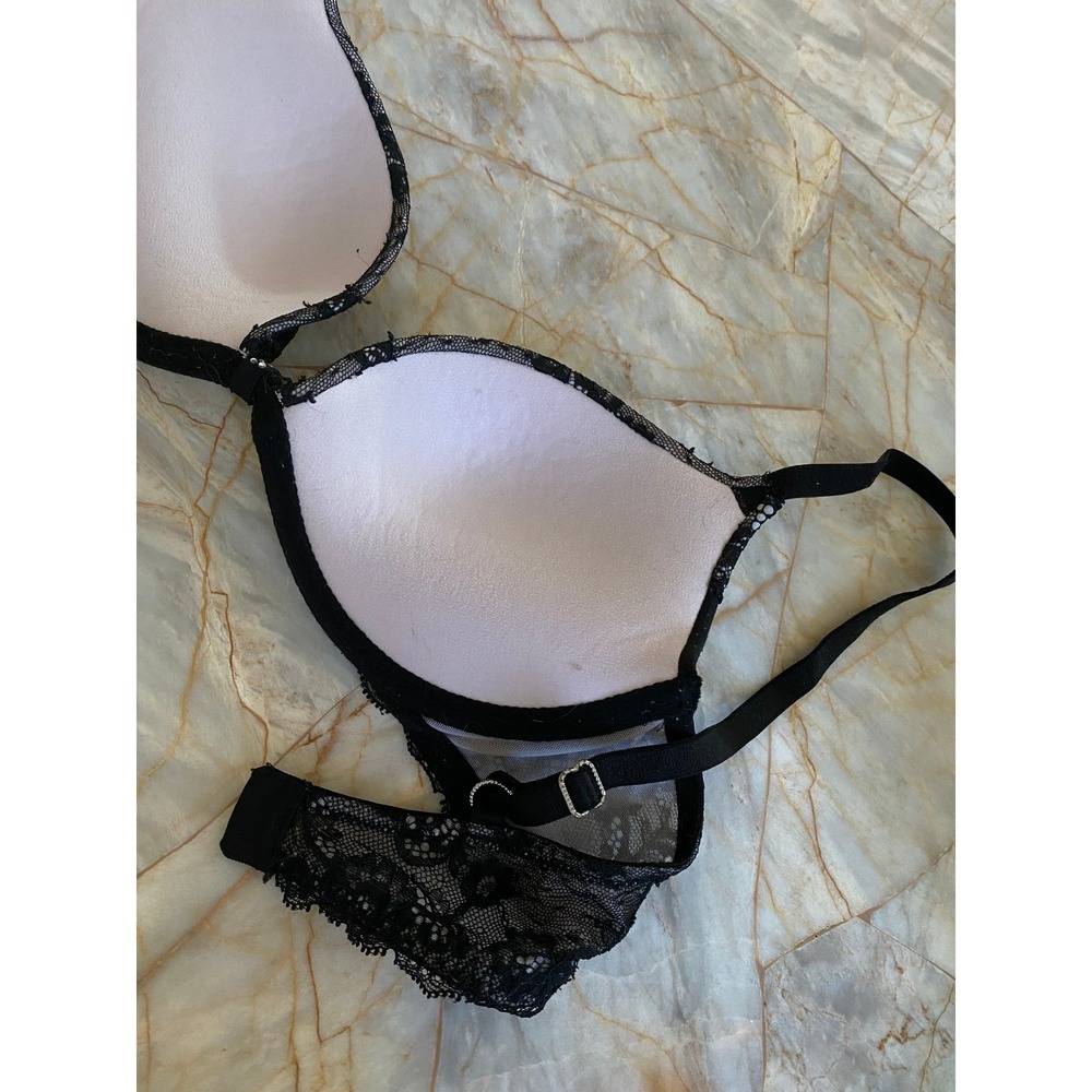 Victoria's Secret Padded Demi Bra Black Lace Rhinestone 32B Floral Scallop Trim - Picture 8 of 14